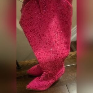 New Pink Rhinestone Knee High Boots